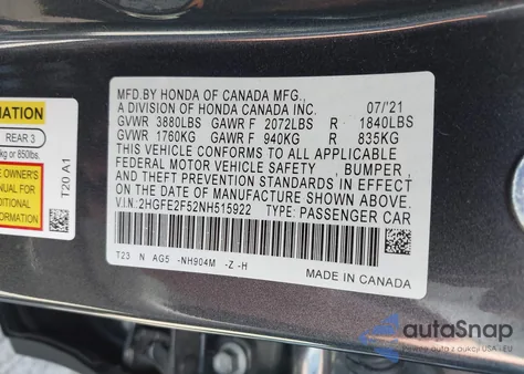 2022 Honda Civic Sport z USA, uszkodzony, nr VIN 2HGFE2F52NH515922